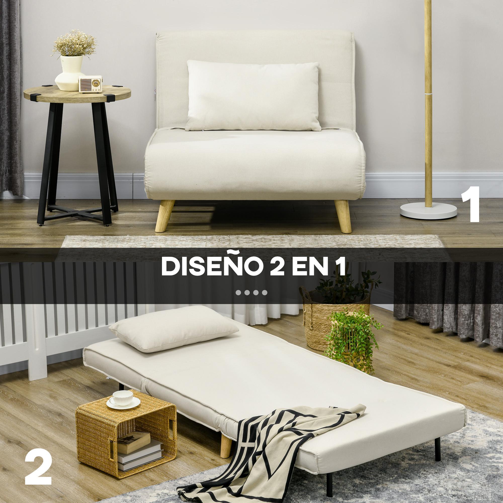 Sofá Cama Individual 2 en 1 Sillón Cama Plegable Sillón Individual con Respaldo Ajustable y Cojín para Sala Dormitorio Oficina en Casa Carga 125 kg 90x78x79 cm Beige