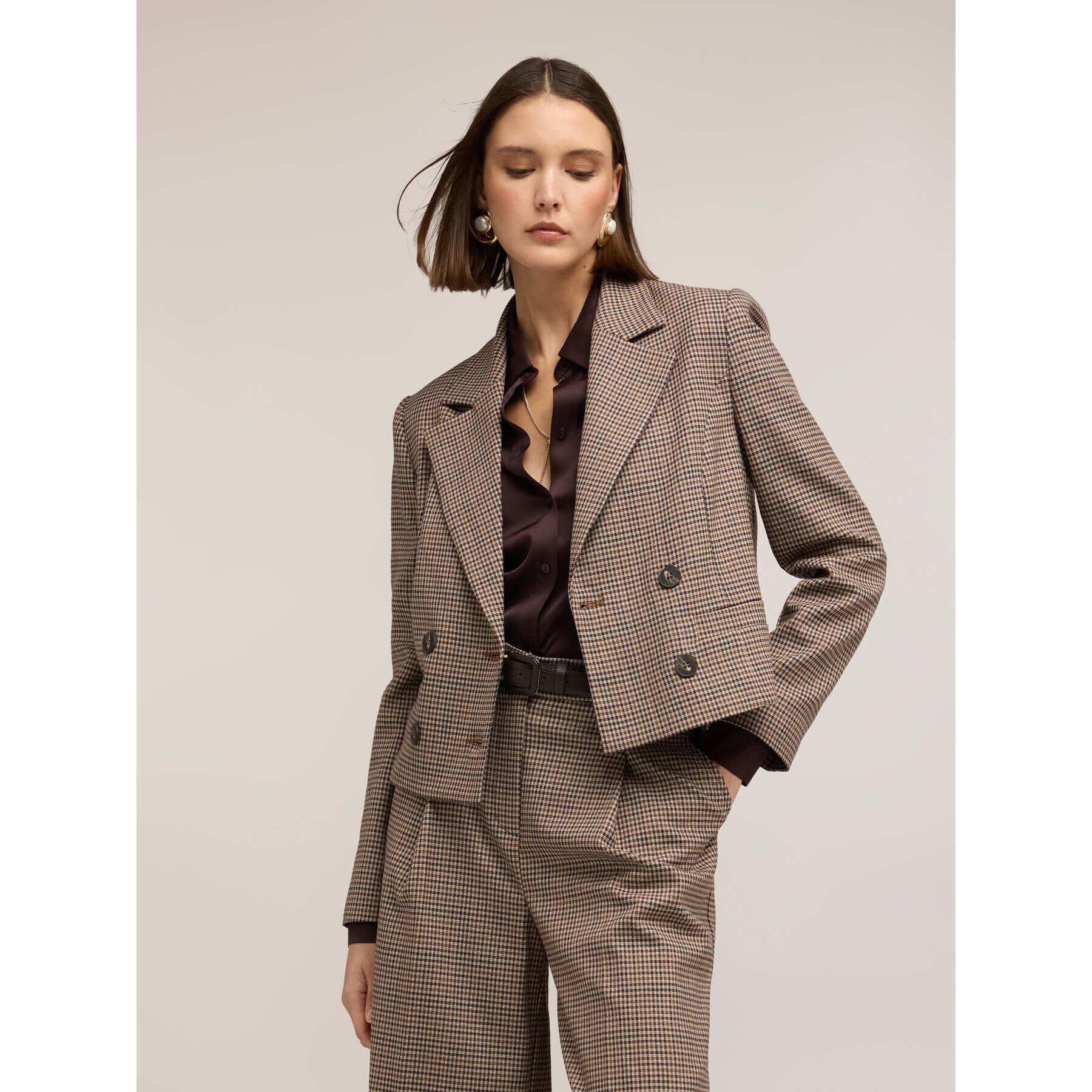 Motivi - Giacca corta doppiopetto fantasia check - Beige