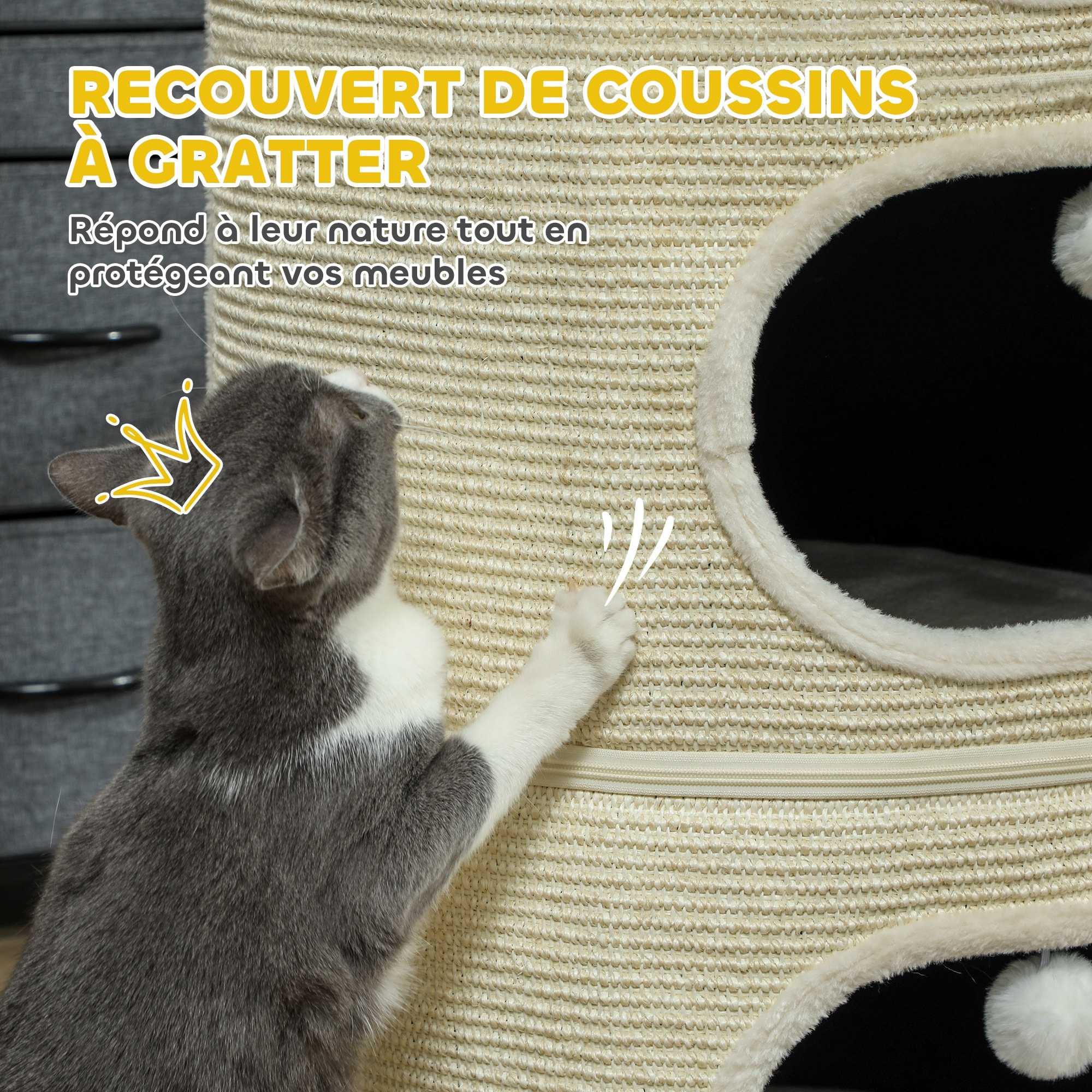 Tour pour chat modulable zippée 3 parties - tonneau griffoir chat 2 pompons - sisal naturel peluche crème