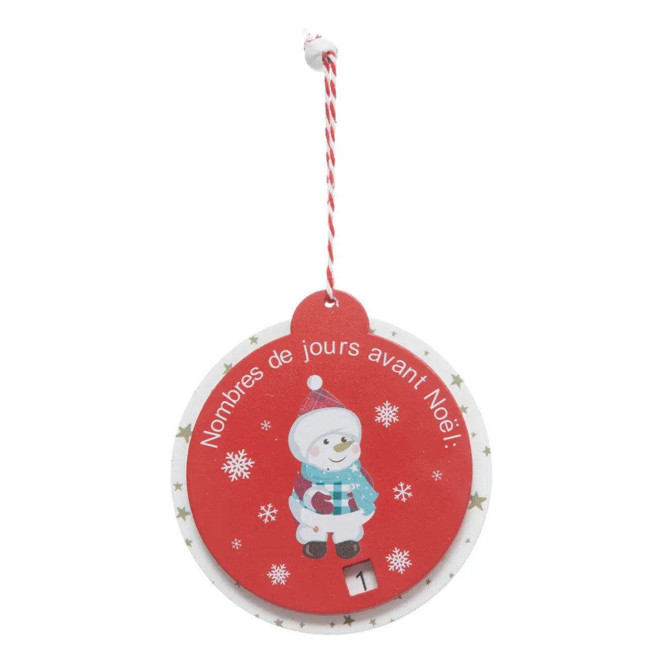 Décoration de sapin en bois calendrier bonhomme de neige rouge 10cm