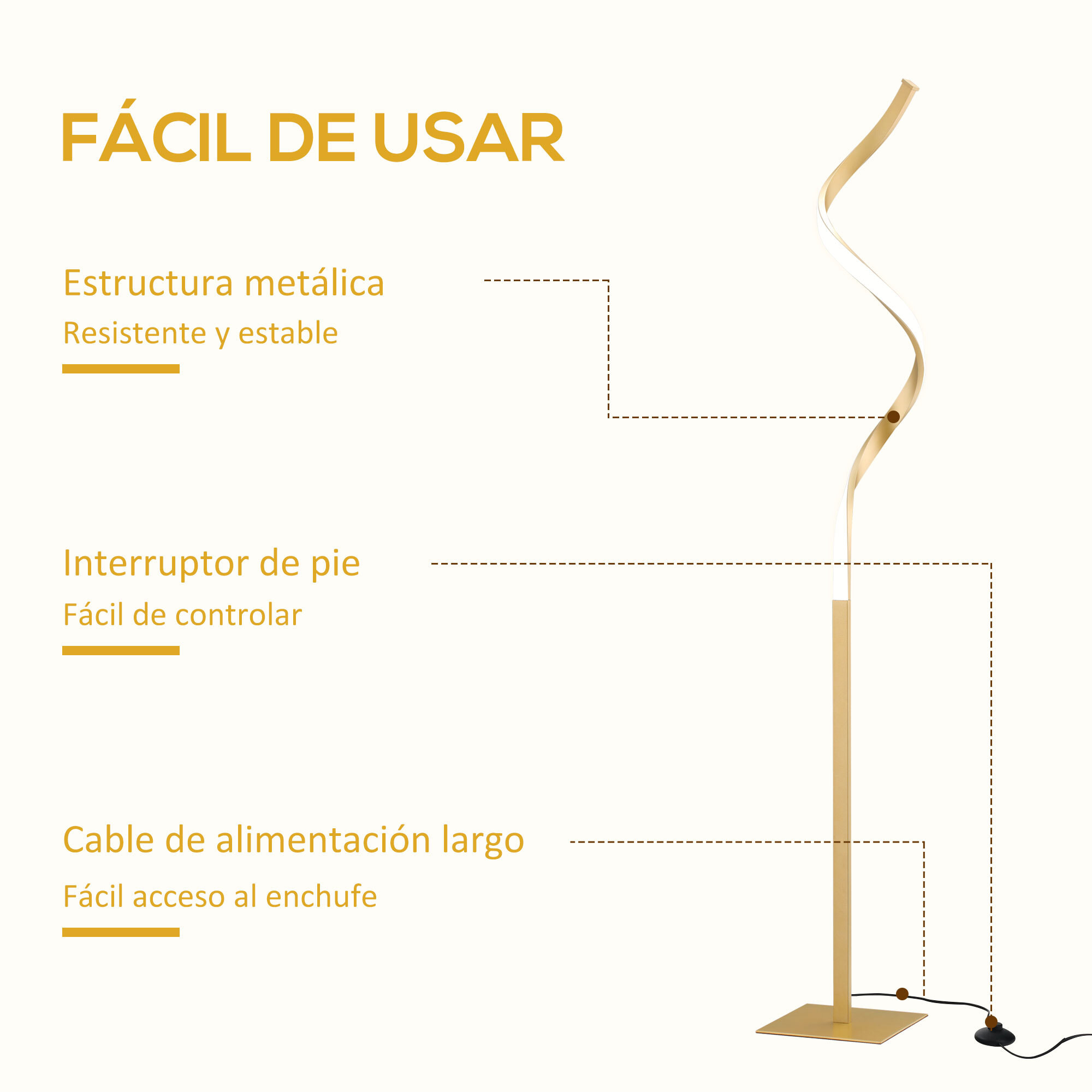 HOMCOM Lámpara de Pie de Metal Lámpara de Suelo Moderno con Luces LED Máx. 10W IP20 Interruptor de Pie para Salón Dormitorio Oficina 20,5x20,5x147 cm Dorado