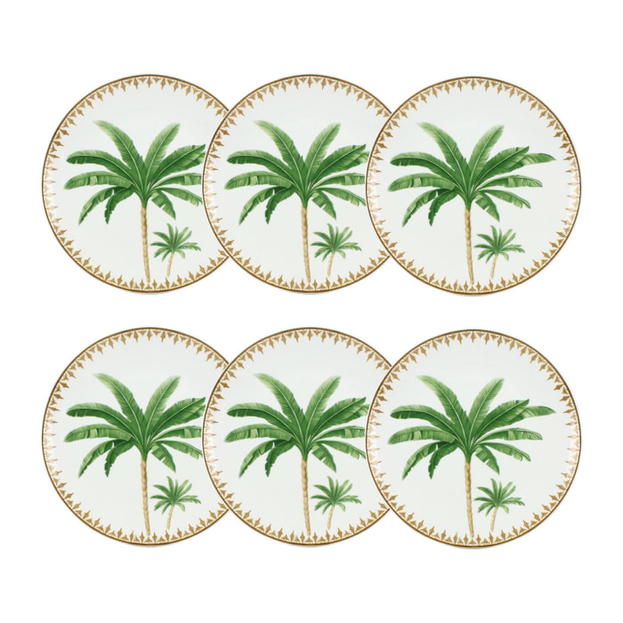 Lot de 6 assiettes plates 26,5cm en porcelaine à imprimé palmier ATLAS