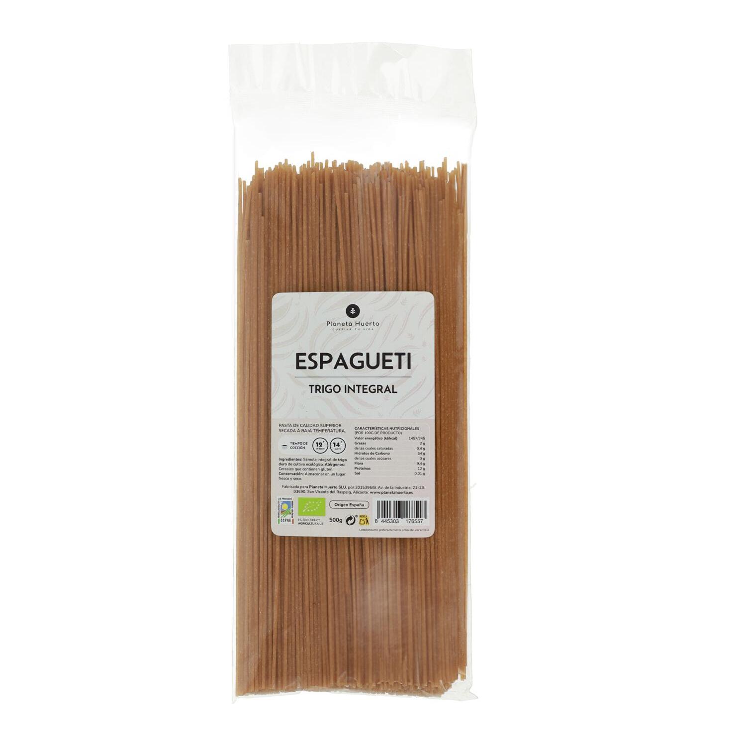 PLANETA HUERTO | Espagueti de Trigo Integral ECO 500g – Pasta Integral Ecológica, Rica en Fibra y Proteínas