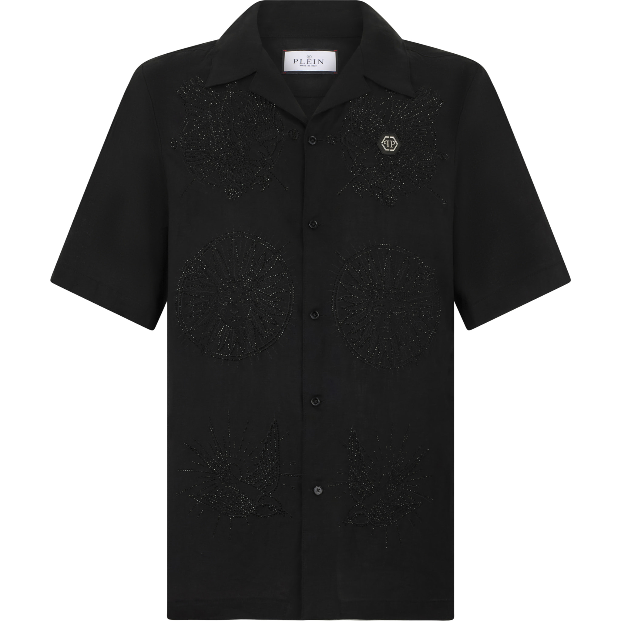 PHILIPP PLEIN Embroidered Linen Bowling Shirt Tattoo Strass