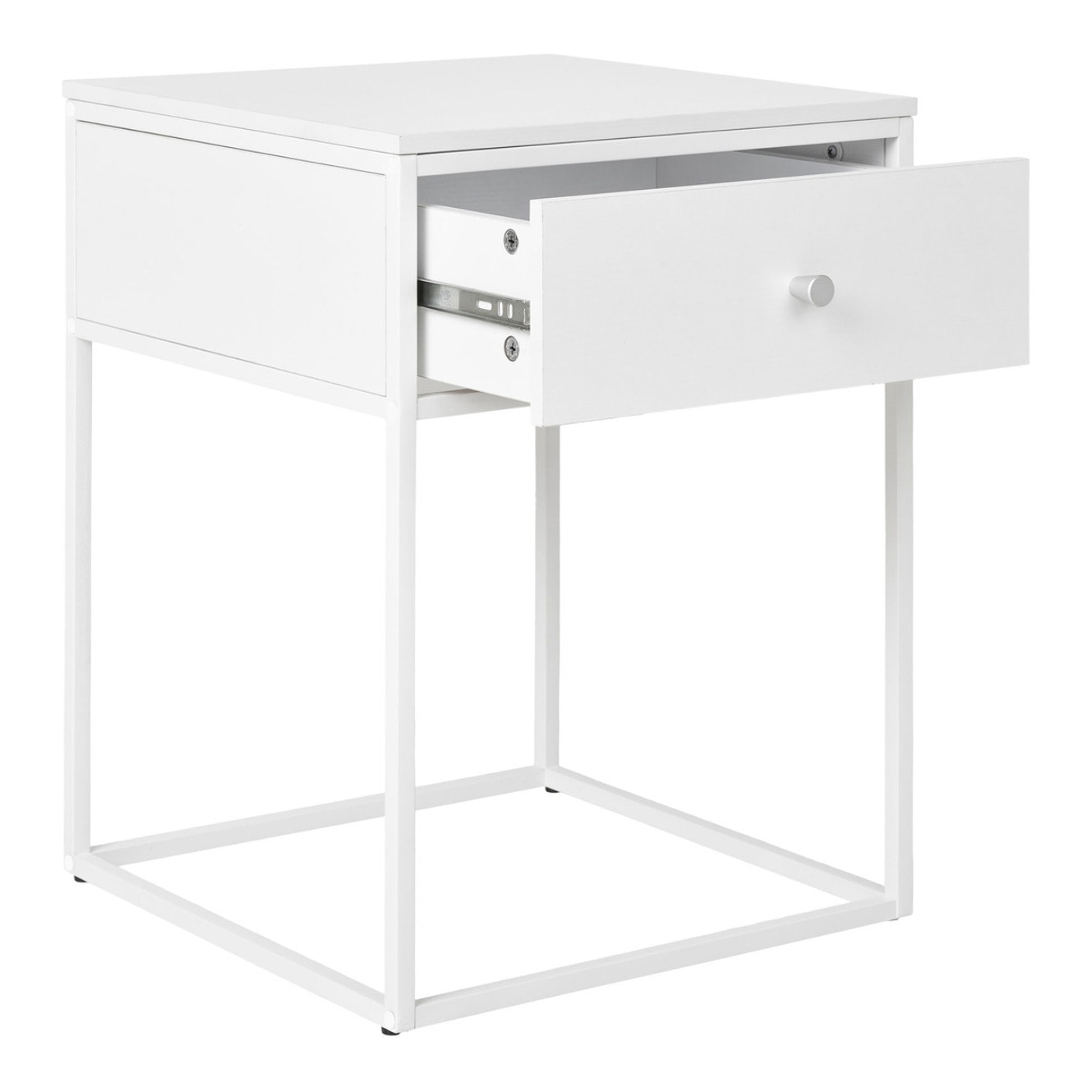 Comodino Vita con Cassetto Bianco e Gambe in Metallo — 40×40×55 cm