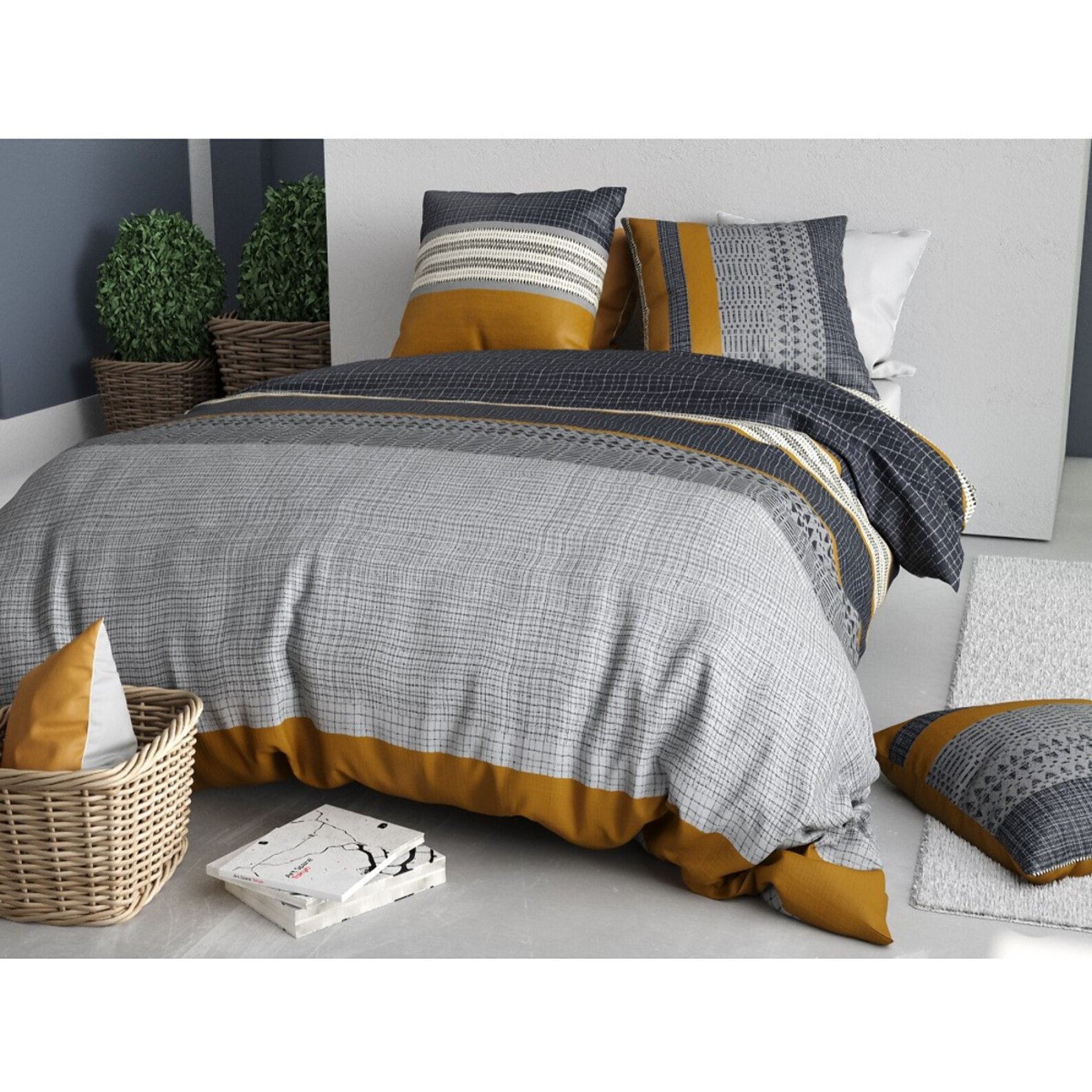 Parure housse de couette coton gris