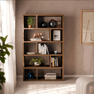 Etagère bibliothèque asymétrique 5 niveaux 10 compartiments. casiers. effet bois de noyer. L 111.2 x P 39 x H 190cm