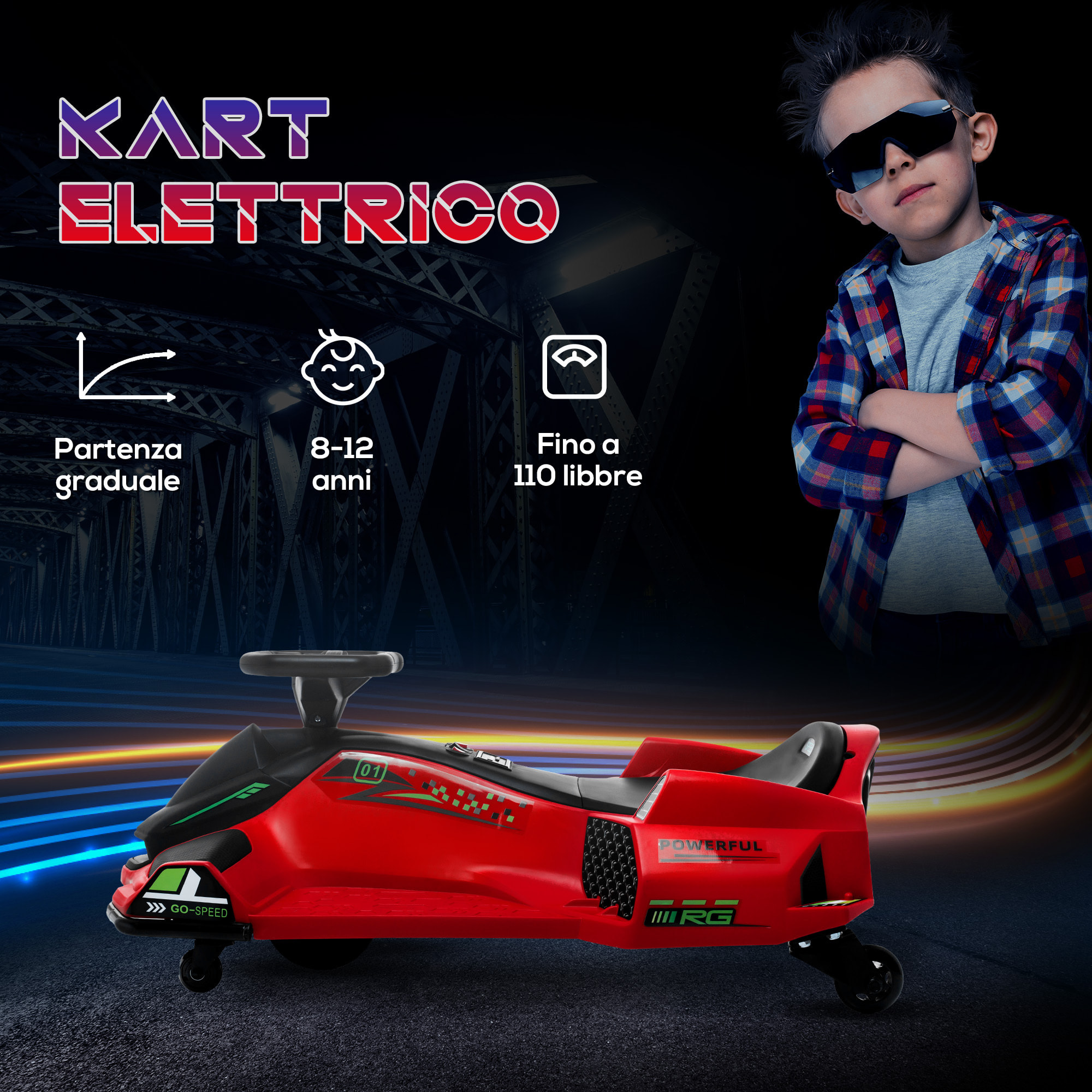 HOMCOM Go Kart Elettrico per Bambini 8-12 Anni Velocità 3-8 km/h per Drifting con Luci e Musica, Rosso