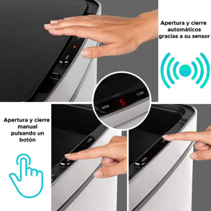 Well home papelera de reciclaje 62l (37l+25l), cubo de basura con 2 compartimentos, apertura automática con sensor, en acero inoxidable, blanco