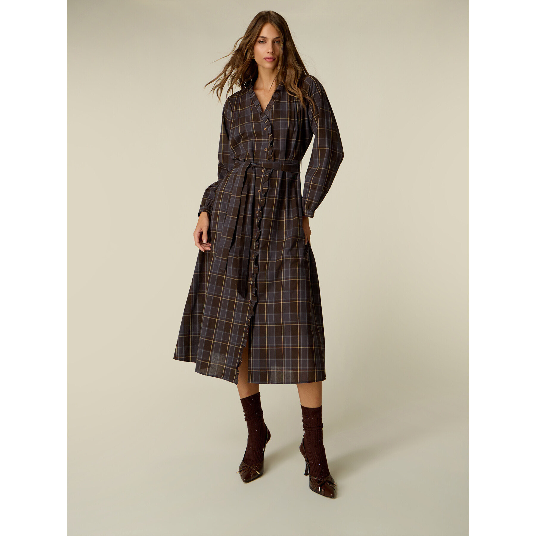 Oltre - Chemisier check misto cotone con rouches - Marrone