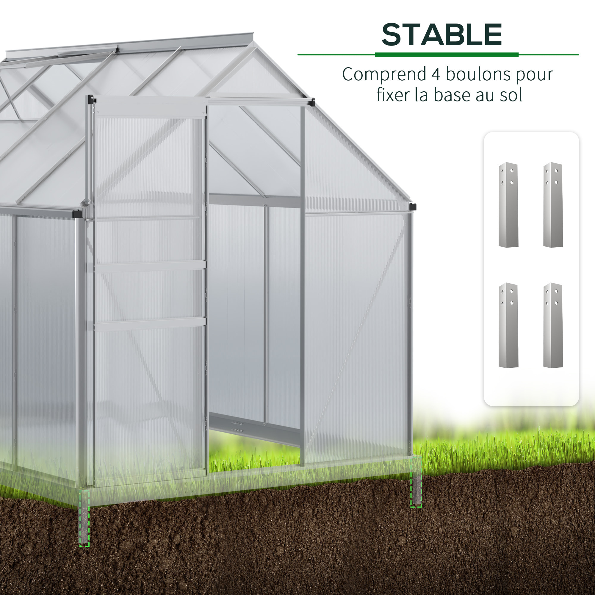 Serre de jardin aluminium polycarbonate 4,8 m² dim. 2,53L x 1,9l x 2H m lucarne réglable fondation porte coulissante