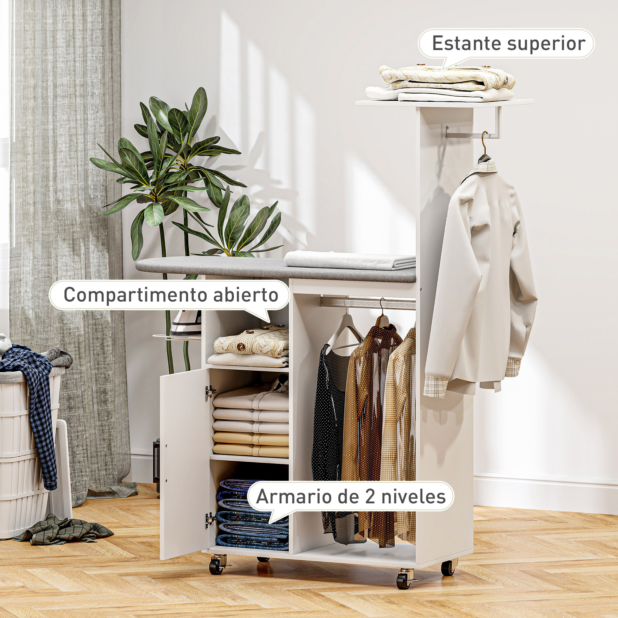 Mueble de Planchar con Ruedas y Soporte Lateral Mueble de Planchado con Tabla de Planchar Barra para Ropa Estante Ajustable 127,5x43,5x153 cm Blanco