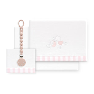 Triptico Cuna Coralina Cigueña Oso + Broche Bco/Rosa
