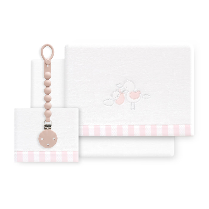 Triptico Cuna Coralina Cigueña Oso + Broche Bco/Rosa