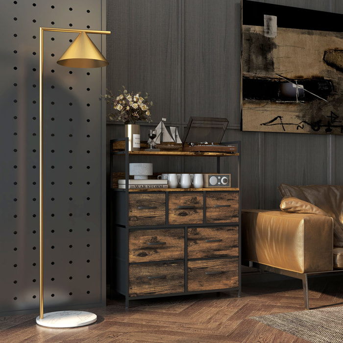 Commode style industriel - 7 tiroirs, 2 étagères - acier noir MDF non tissé effet bois vieilli
