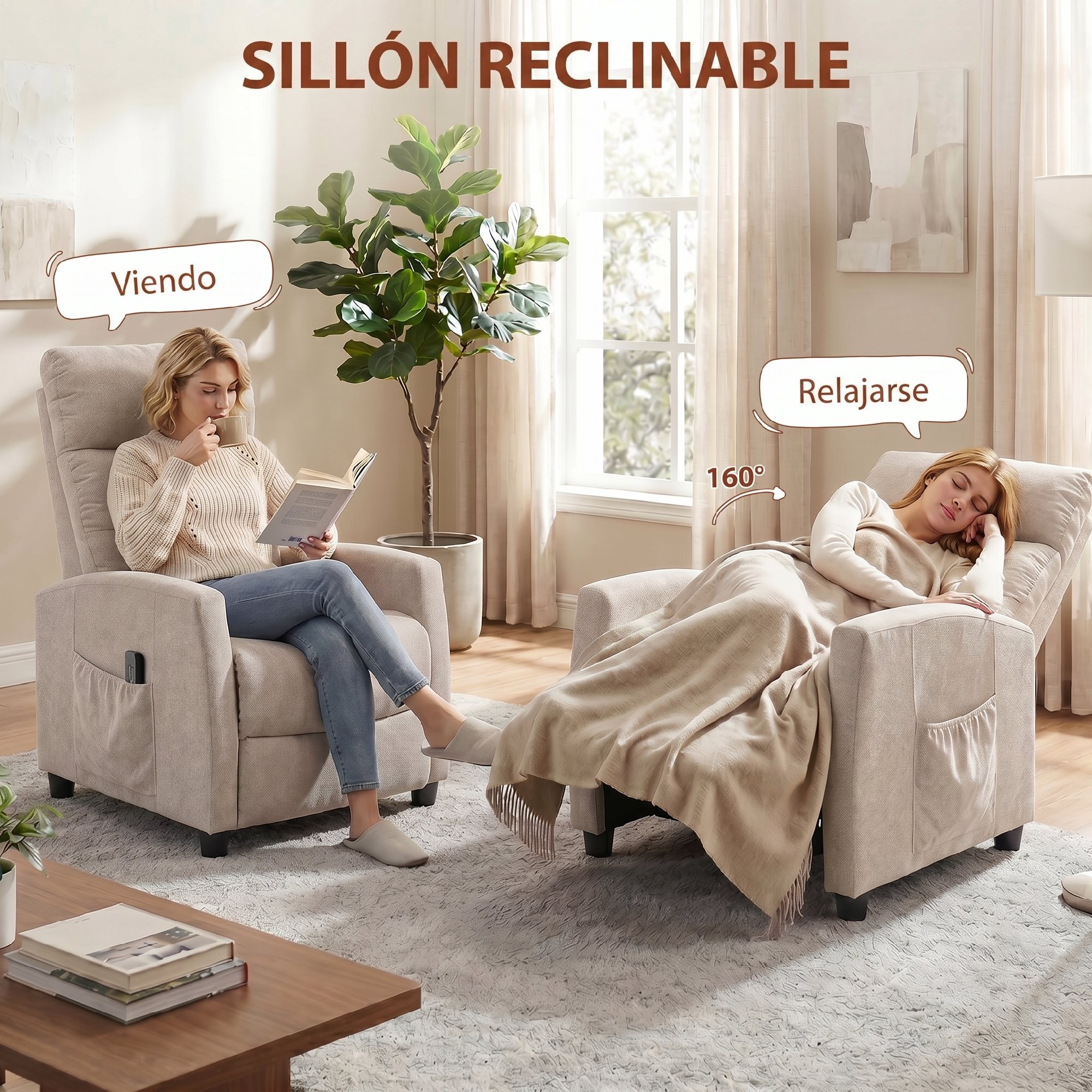 Sillón de Masaje, Sillón Relax Reclinable 160° con Mando a Distancia, Reposapiés, 2 Zonas de Masaje, Respaldo Alto, Asiento de Muelles, Bolsillos, Tapizado en Chenilla, 66x91x108 cm Crema