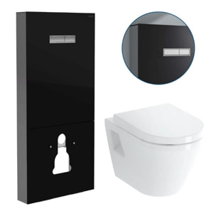 Pack WC Bâti support en verre trempé/aluminium brossé avec plaque intégrée, Noir + WC suspendu avec Abattant en Duroplast