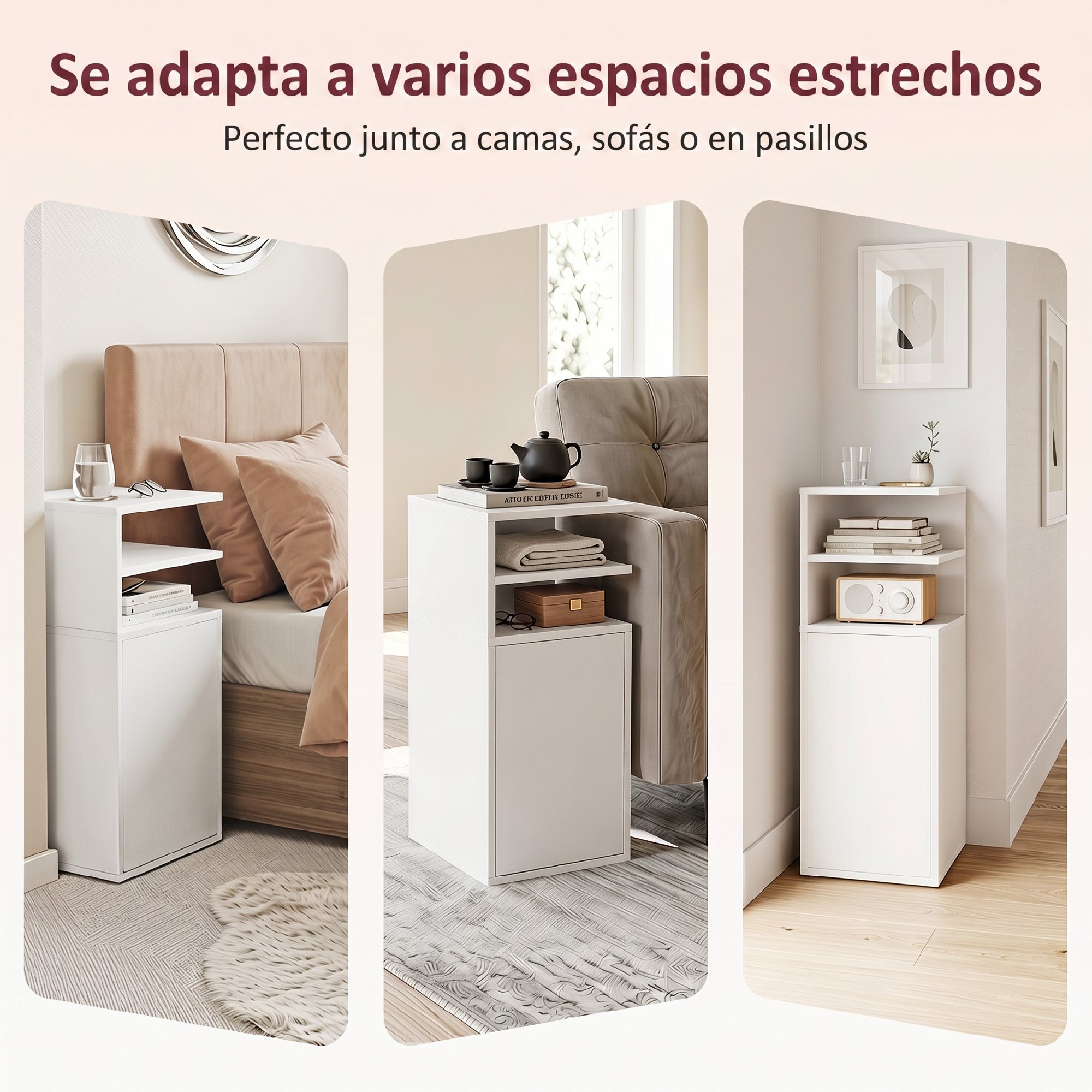 Mesitas de Noche Estrechas, Juego de 2, Mesillas de Noche Dormitorio con Puerta, Compartimentos Abiertos, Mesa Auxiliar para Salón, Espacios Reducidos, 25x30x60 cm, Blanco