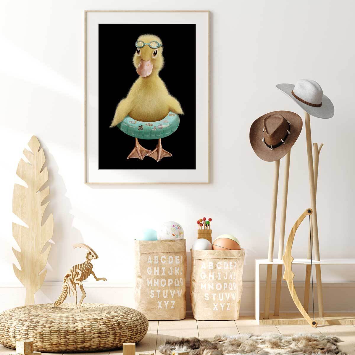 Affiche enfant bouée canard  Affiche + cadre en bois - Chêne