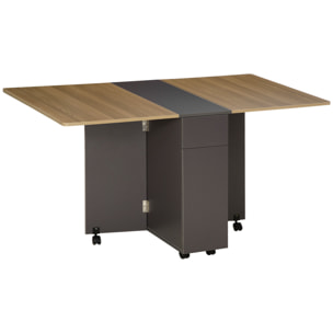 Table à manger pliante sur roulettes - porte, 2 tiroirs - gris aspect chêne clair