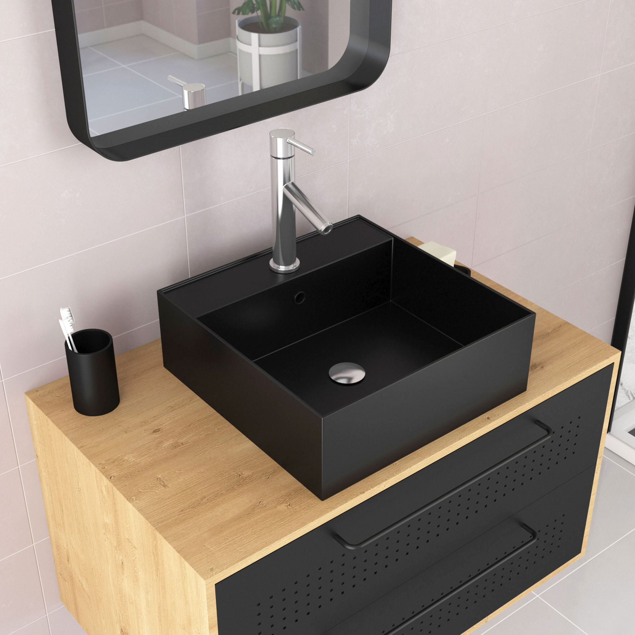 Meuble Salle de Bains 80 cm, Vasque Carrée, Miroir et Colonne - Chêne naturel et Noir - UBY