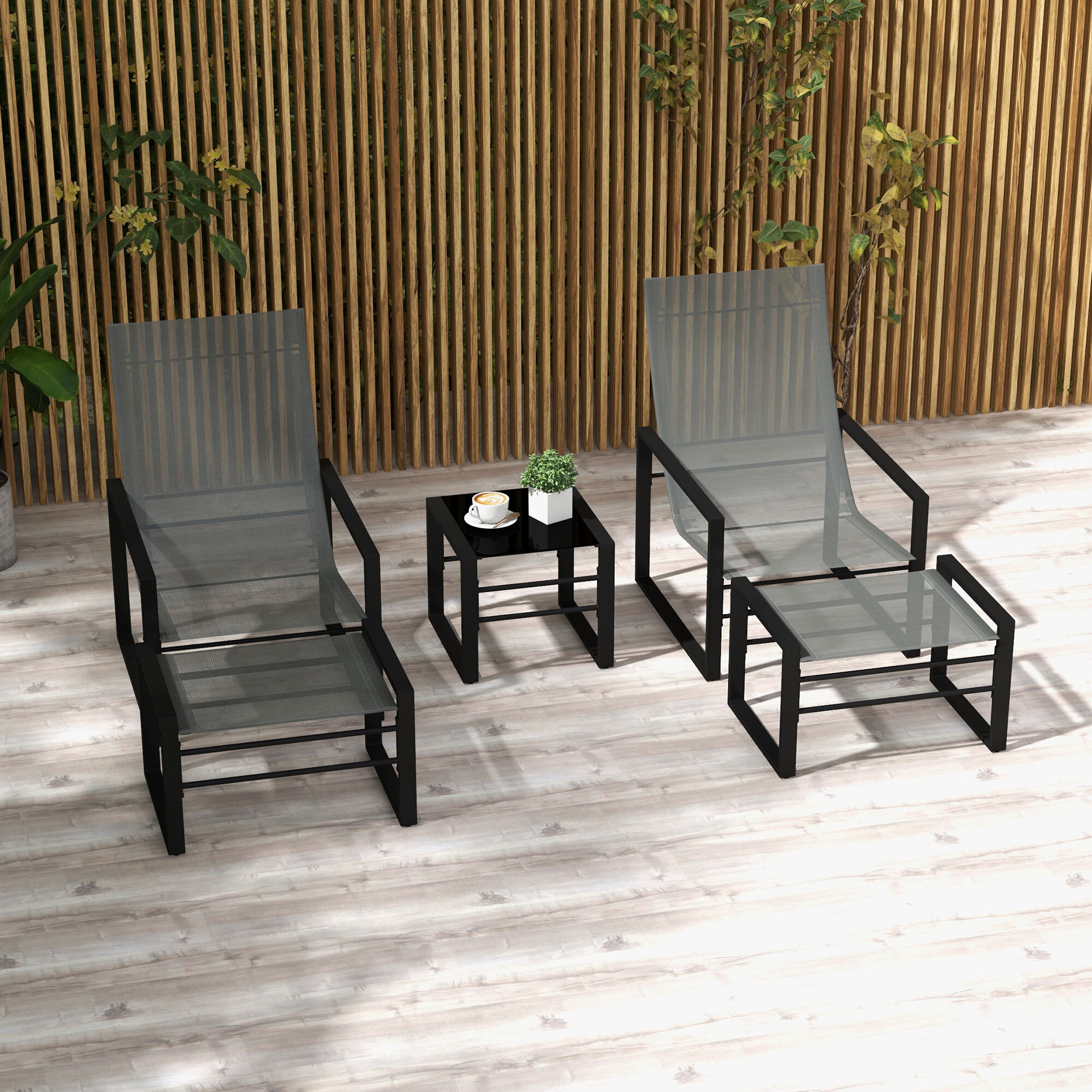 Salon de jardin 5 pièces 2 places métal noir tissu mesh gris