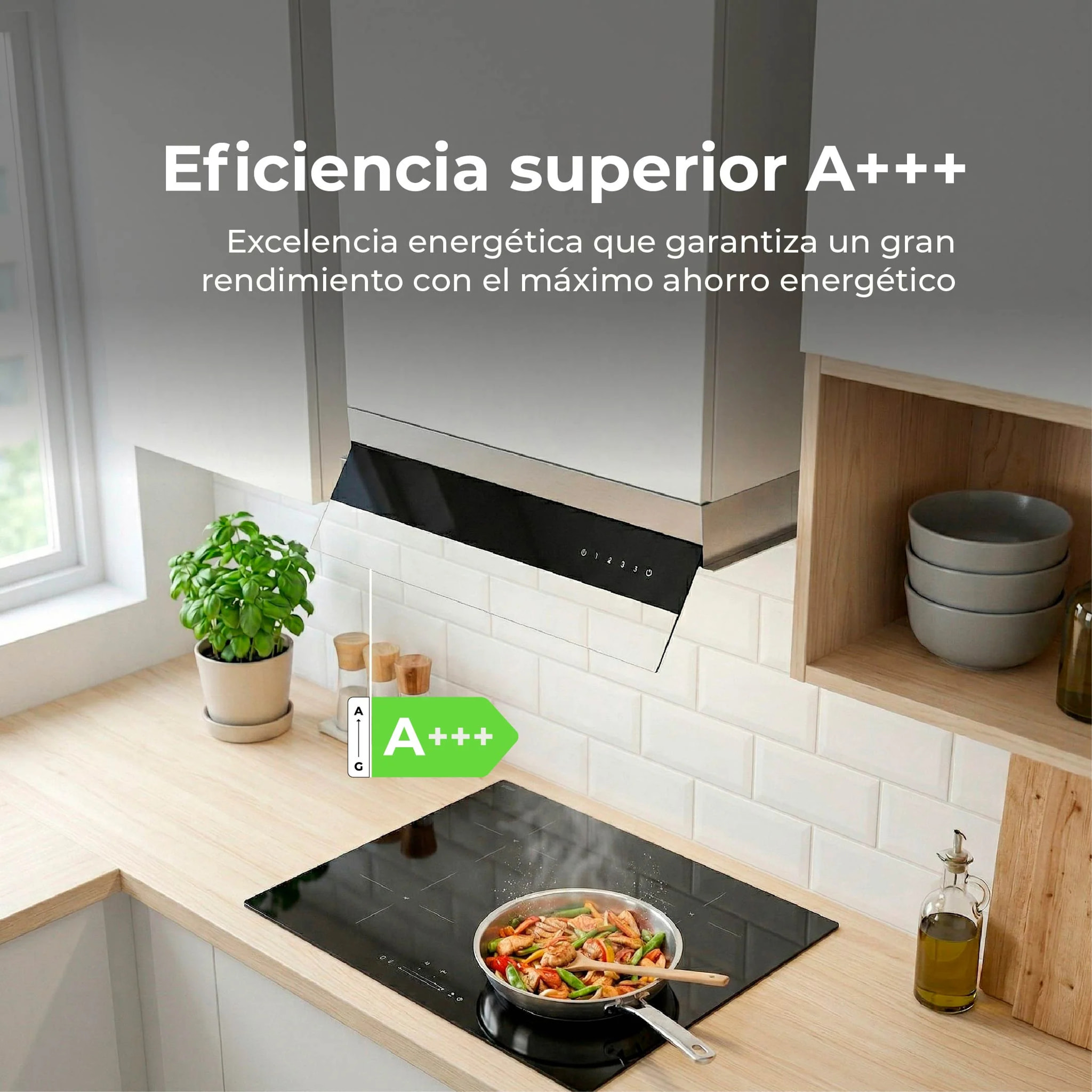 EVVO Campana Extractora Integrada CEi 56 Inox Black, 56 cm, 875 m³/h,Táctil, Clase A+++, Bajo Ruido , LED, Filtros de Aluminio y Carbón
