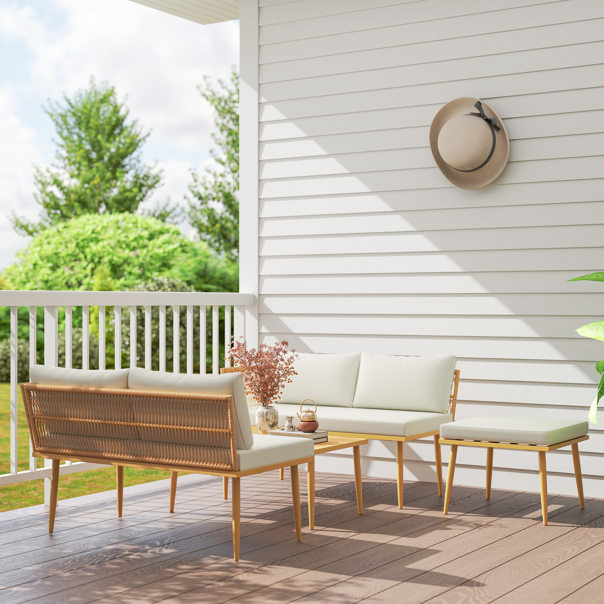 Conjunto de Jardín Exterior de Ratán Sintético de 4 Piezas Muebles de Jardín Exterior Sofá Esquinero Incluye 2 Sofás de 2 Plazas 1 Reposapiés 1 Mesa de Centro con Cojines Natural