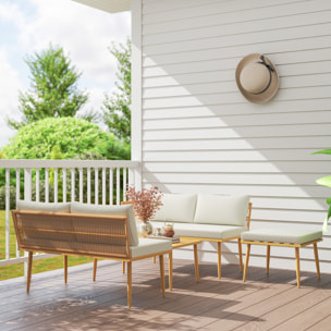 Conjunto de Jardín Exterior de Ratán Sintético de 4 Piezas Muebles de Jardín Exterior Sofá Esquinero Incluye 2 Sofás de 2 Plazas 1 Reposapiés 1 Mesa de Centro con Cojines Natural