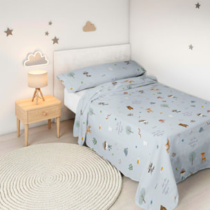 Juego de Sábanas Estampadas - Infantil - Incluye 1 Funda de Almohada - 100% Algodón - Aventura Bosque Reverso