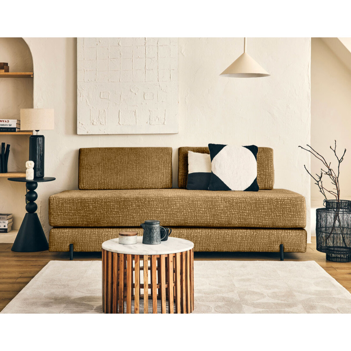 Brescia - banquette 3 places convertible en tissu velours relief - Jaune