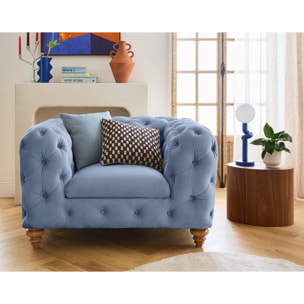 Walter - fauteuil chesterfield en velours - pieds bois - Bleu Ardoise