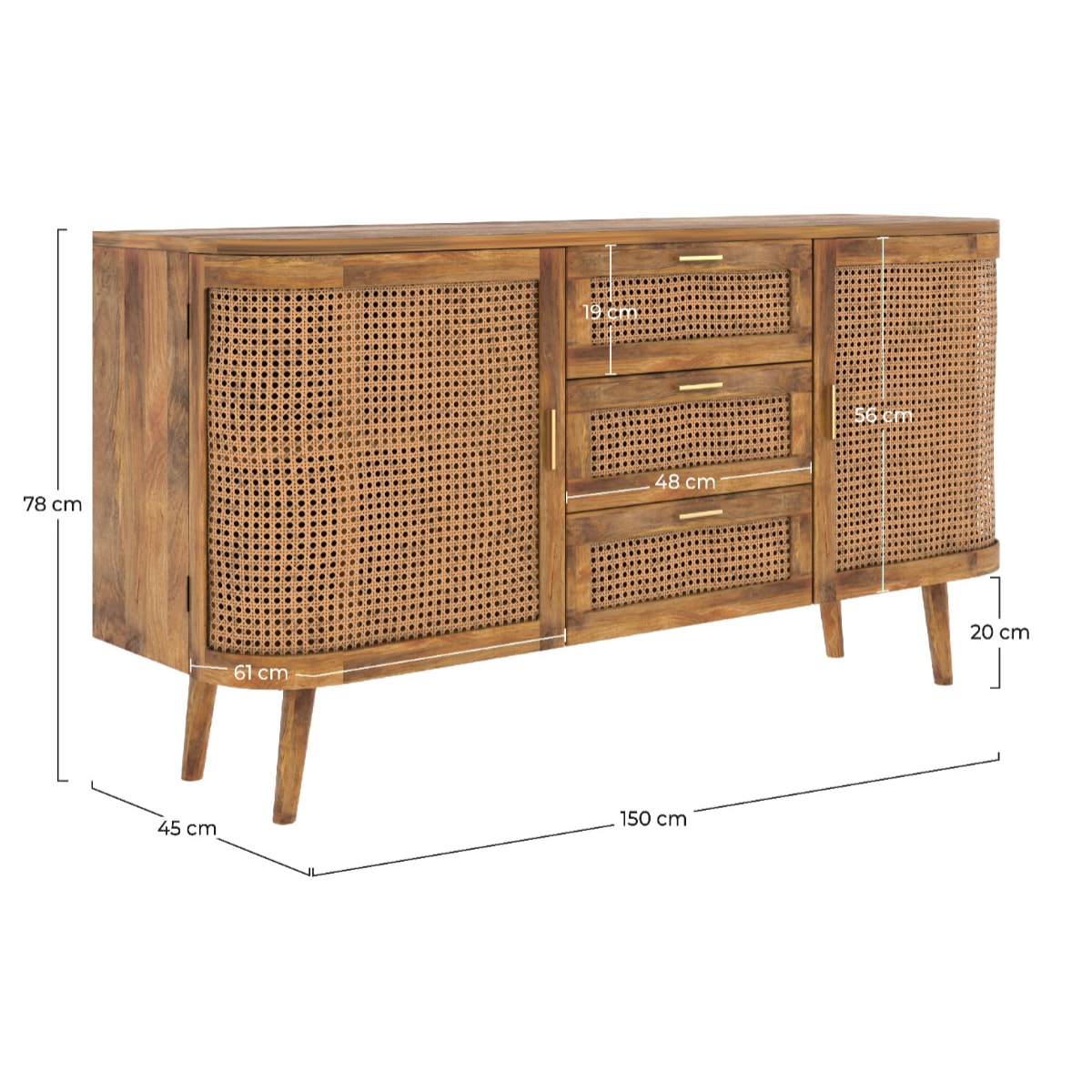 Buffet 2 portes et 3 tiroirs en cannage - Wava