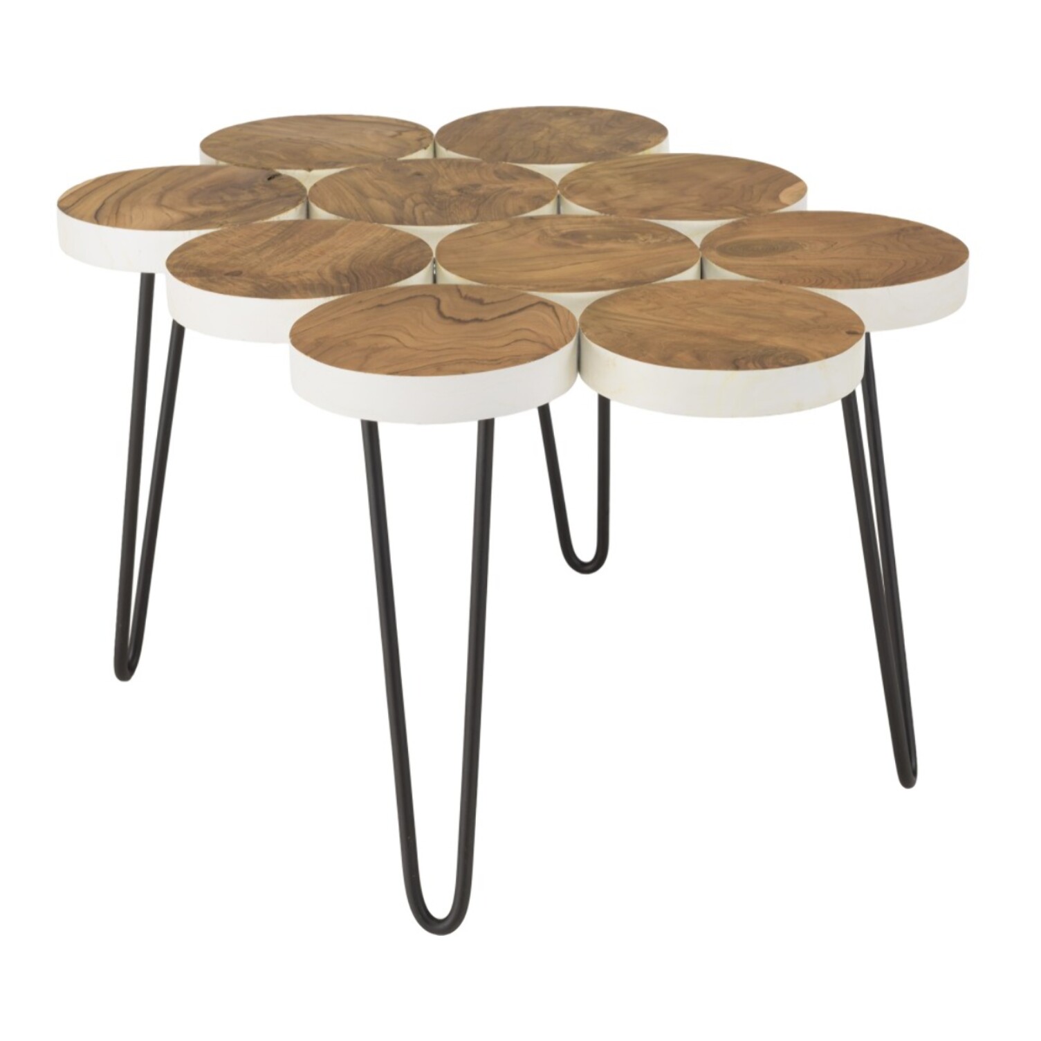 SAM - Table basse plateau rondelles bois teck pieds épingles