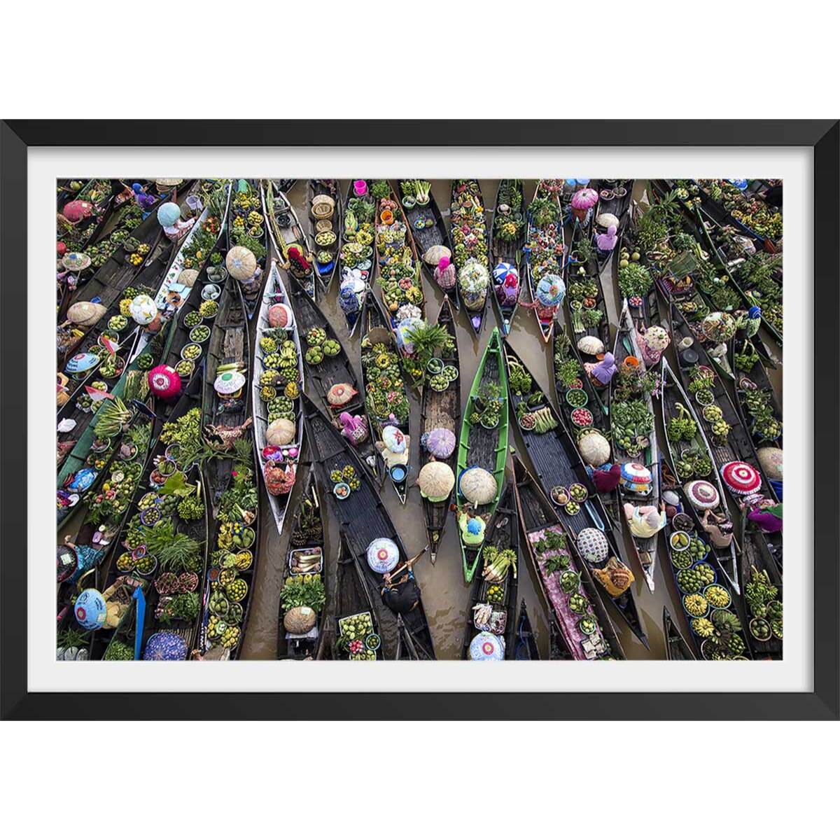 Affiche paysage marché flottant Affiche + cadre en bois - Noir