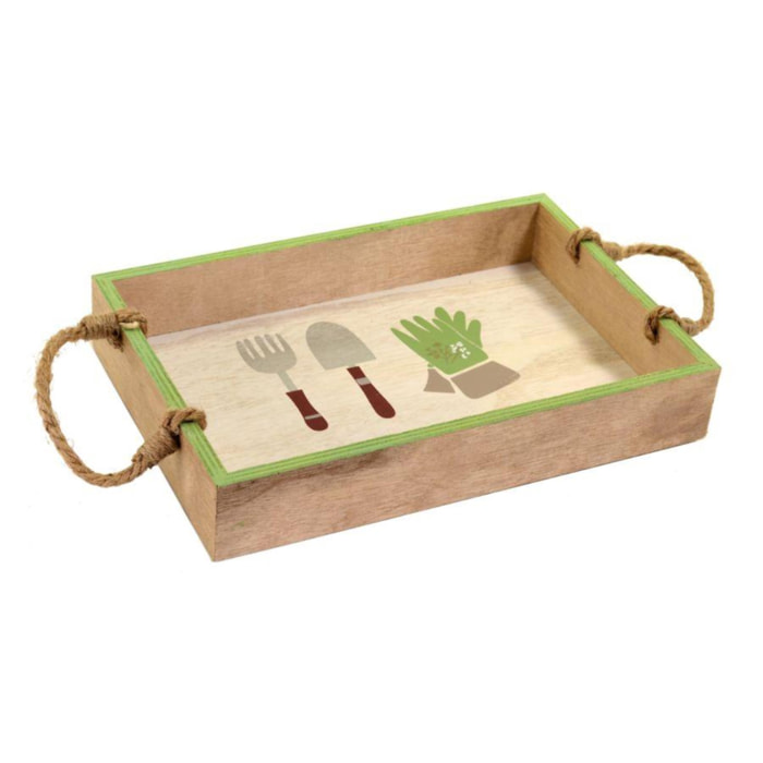 Vassoio in legno bianco verde con manici in corda rettangolare cm30x20h5