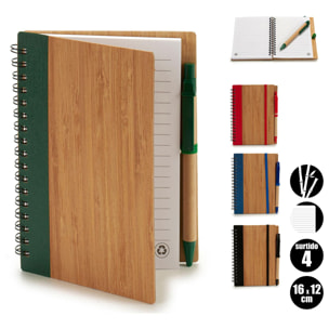 Pack 4 quaderni in bamboo con gomma e penna 16x12 cm. Assortimento 4 colori.