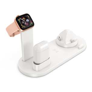 Base de carga 4 en 1 con carga inalámbrica QI, soporte giratorio con conexión lightning, micro USB y USB-C. Stand para Apple Watch y soporte con carga para Airpods.