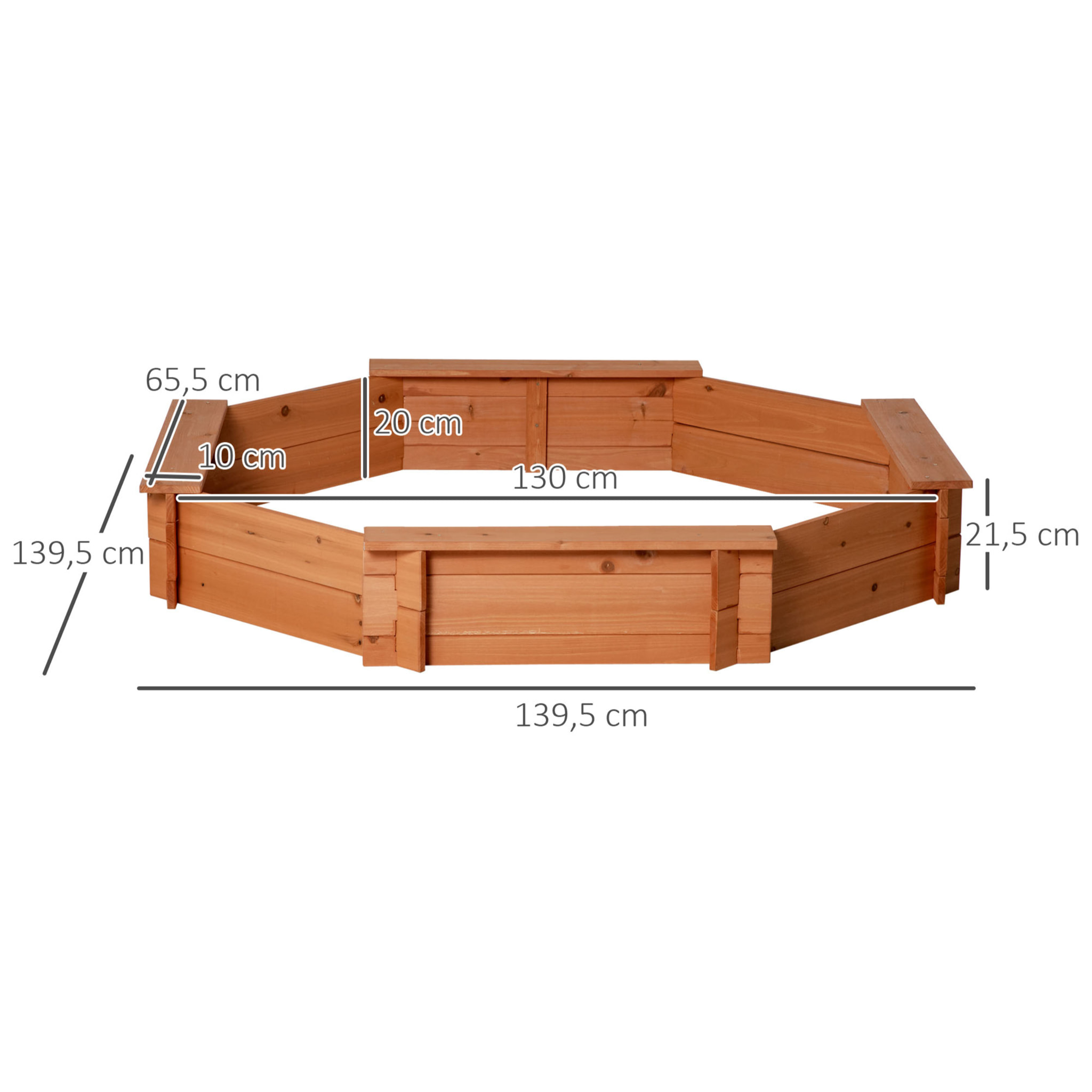 Bac à sable bois octogonal dim. 139,5L x 139,5l x 21,5H cm - 4 bancs - bâche de couverture, non tissé de sol inclus - bois sapin pré-huilé