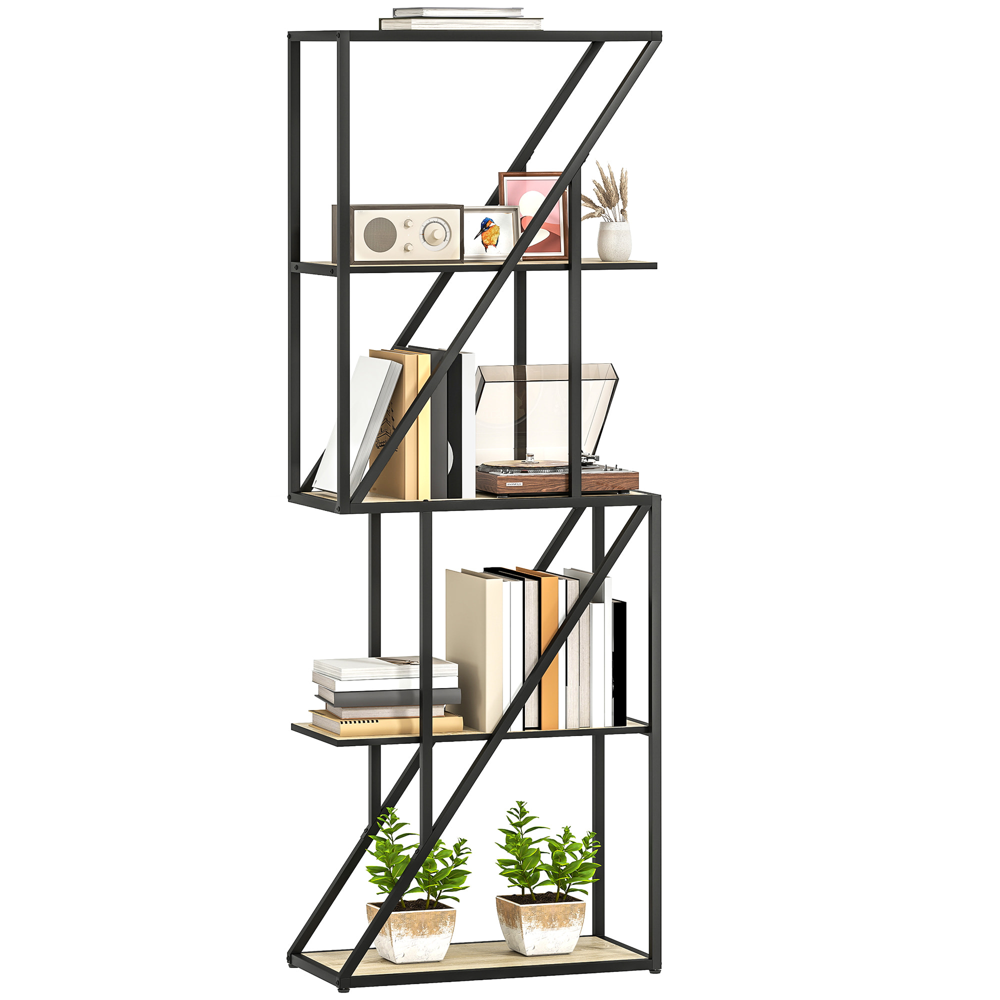 Librería de 5 Niveles, Estantería para Libros Industrial con Estantes Abiertos y Marco de Acero Entrecruzado, para Salón, Dormitorio, Oficina, 60x30x165 cm, Roble