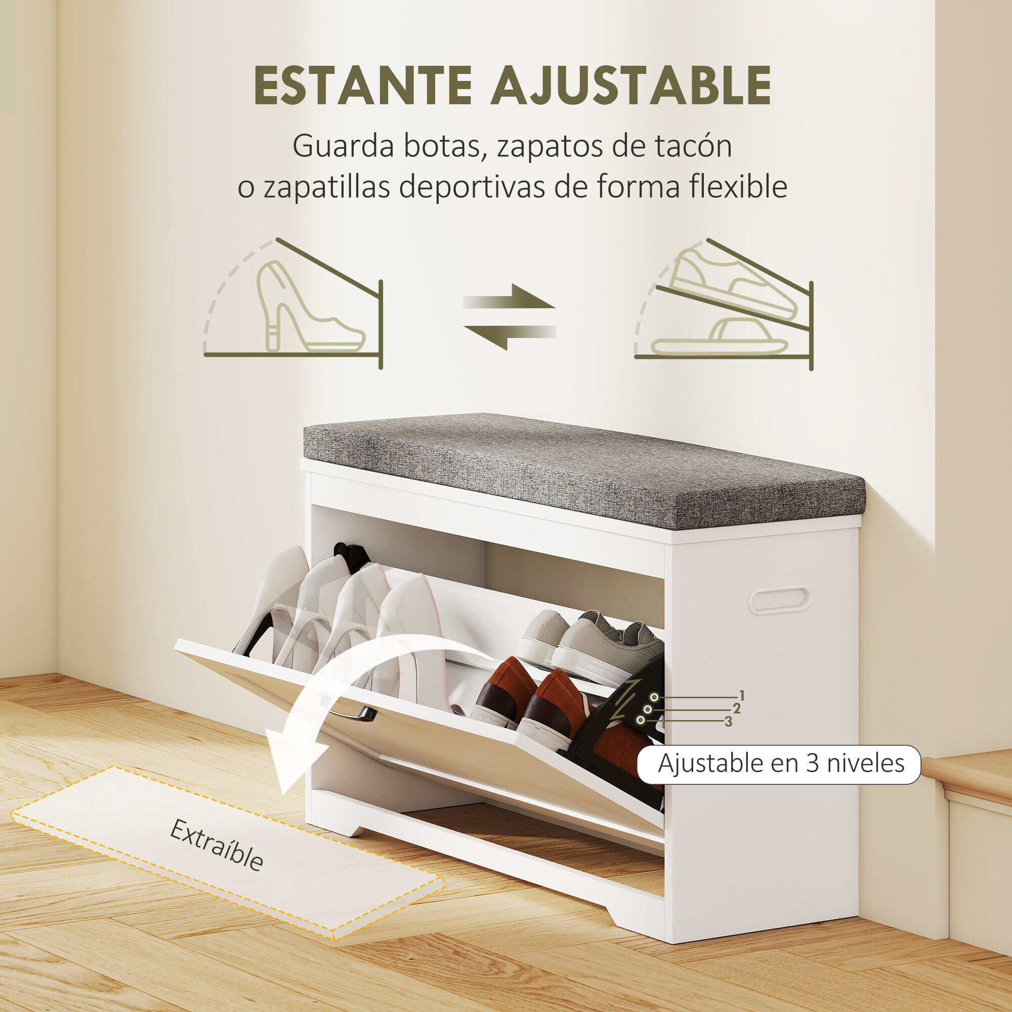 Banco Zapatero, Banco Recibidor Moderno, con Asiento Acolchado, Estante Ajustable, para 8 Pares de Zapatos, para Entrada, Pasillo, Dormitorio, 80x30x50 cm, Blanco