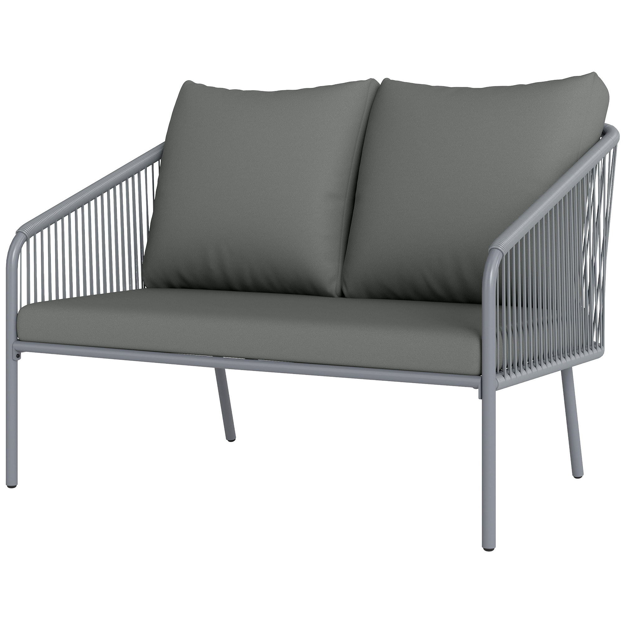 Canapé de jardin 2 places style bohème chic avec coussins assise dossier acier résine filaire gris