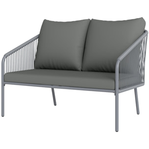 Canapé de jardin 2 places style bohème chic avec coussins assise dossier acier résine filaire gris