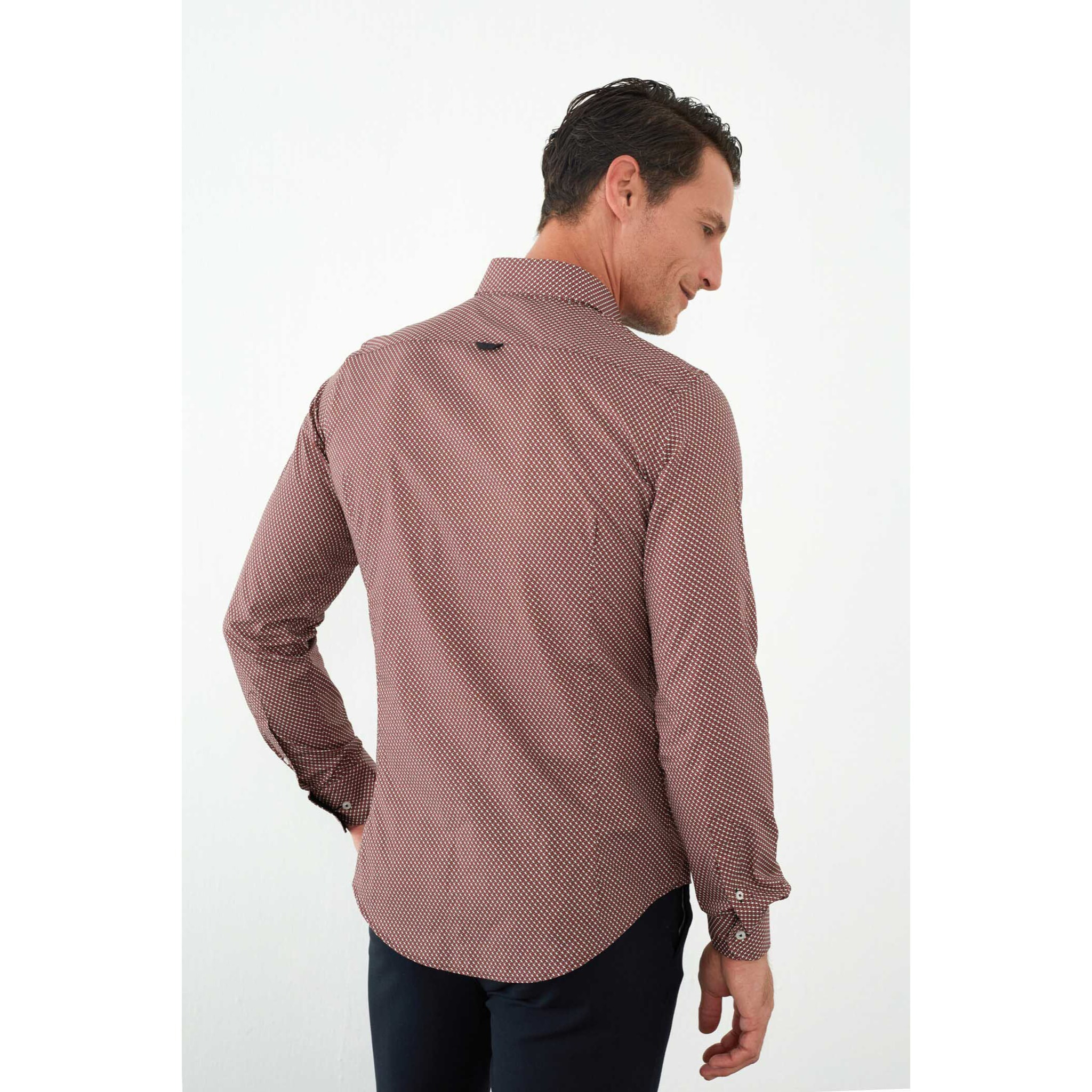 camicia uomo 1 bottone button down slim Popeline Stampato Bordeaux e Panna