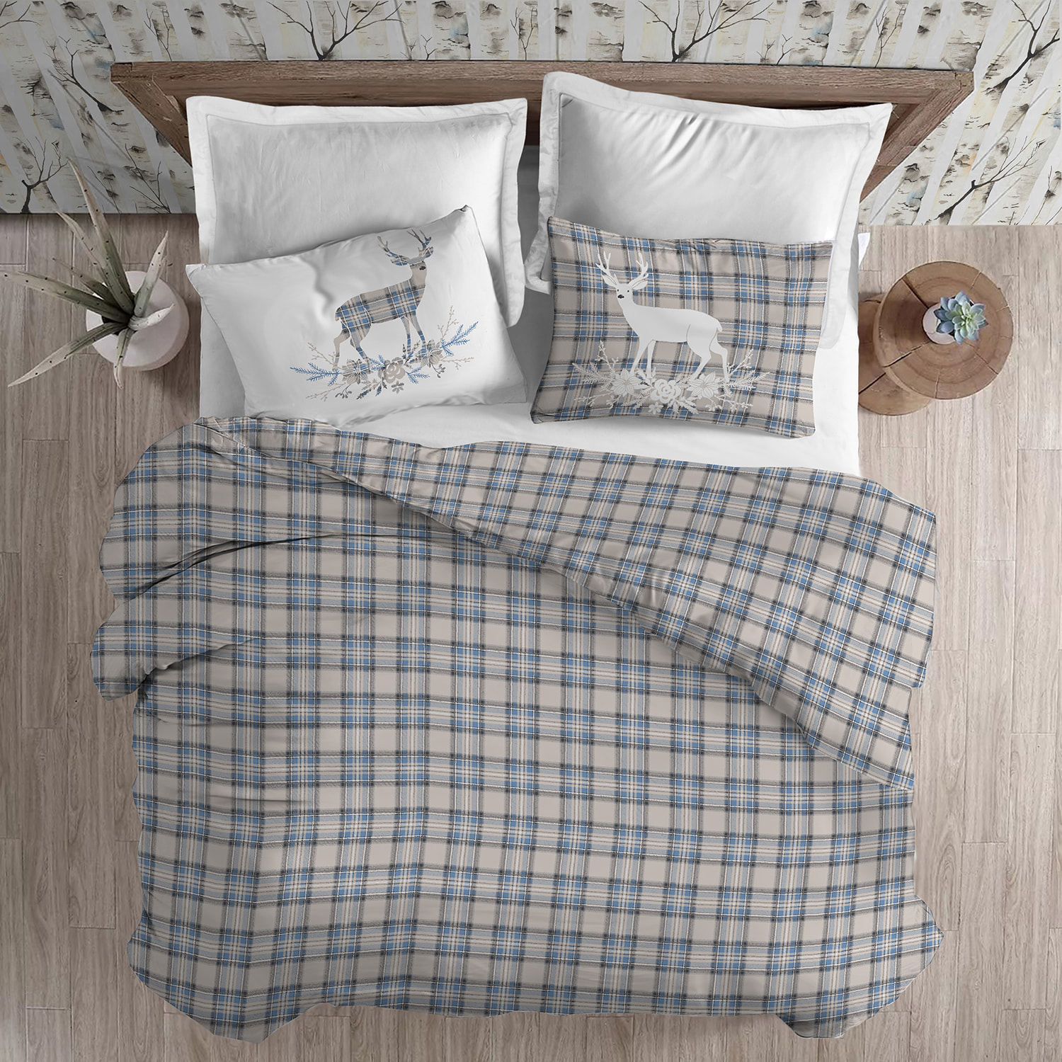 Parure copripiumino in flanella cervo tartan azzurro