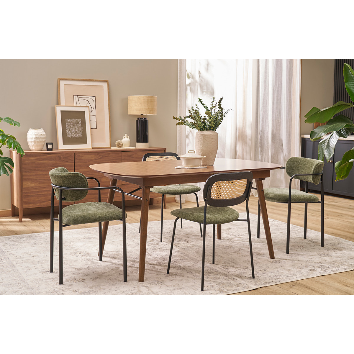 Chaises en tissu effet velours texturé vert kaki et métal noir (lot de 2) SWIFT