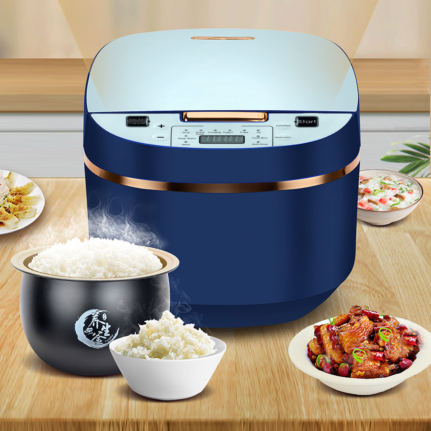 Arrocera eléctrica de calor tridimensional y 900W. Funciones y programas de cocina pregrabados. Cuenco antiadherente de 5 capas y con 5L de capacidad.