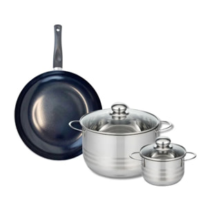 Ensemble de 1 Poêle de cuisson 24 cm et 2 faitouts 12 et 24 cm Elo Prima Brillant