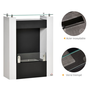Cheminée bioéthanol design contemporain - étagère, pare-feu verre trempé 6 mm - brûleur 0,9 L - contrôle de flamme et manche inclus - acier noir blanc
