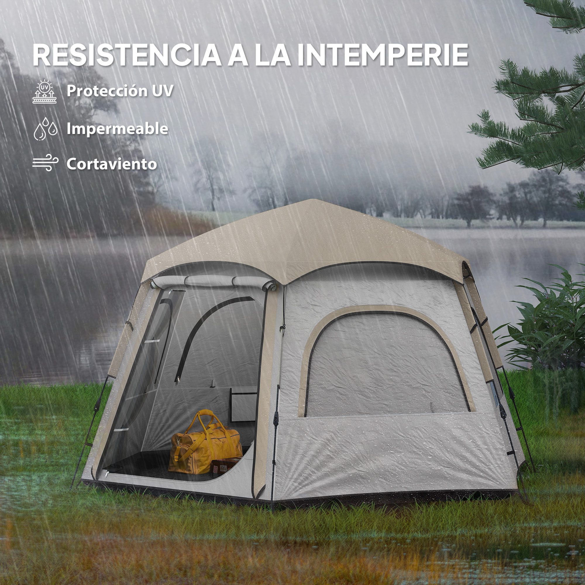 Tienda de Campaña para 2-4 Personas Tienda de Camping Plegable con Fácil Instalación Ventanas de Malla Gancho y Bolsa de Transporte Protección UV Impermeable para Senderismo Blanco y Beige